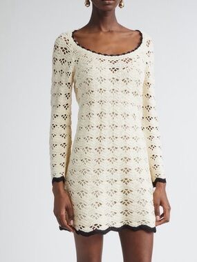 Zimmermann Cream Crochet Mini Dress with Black Trim